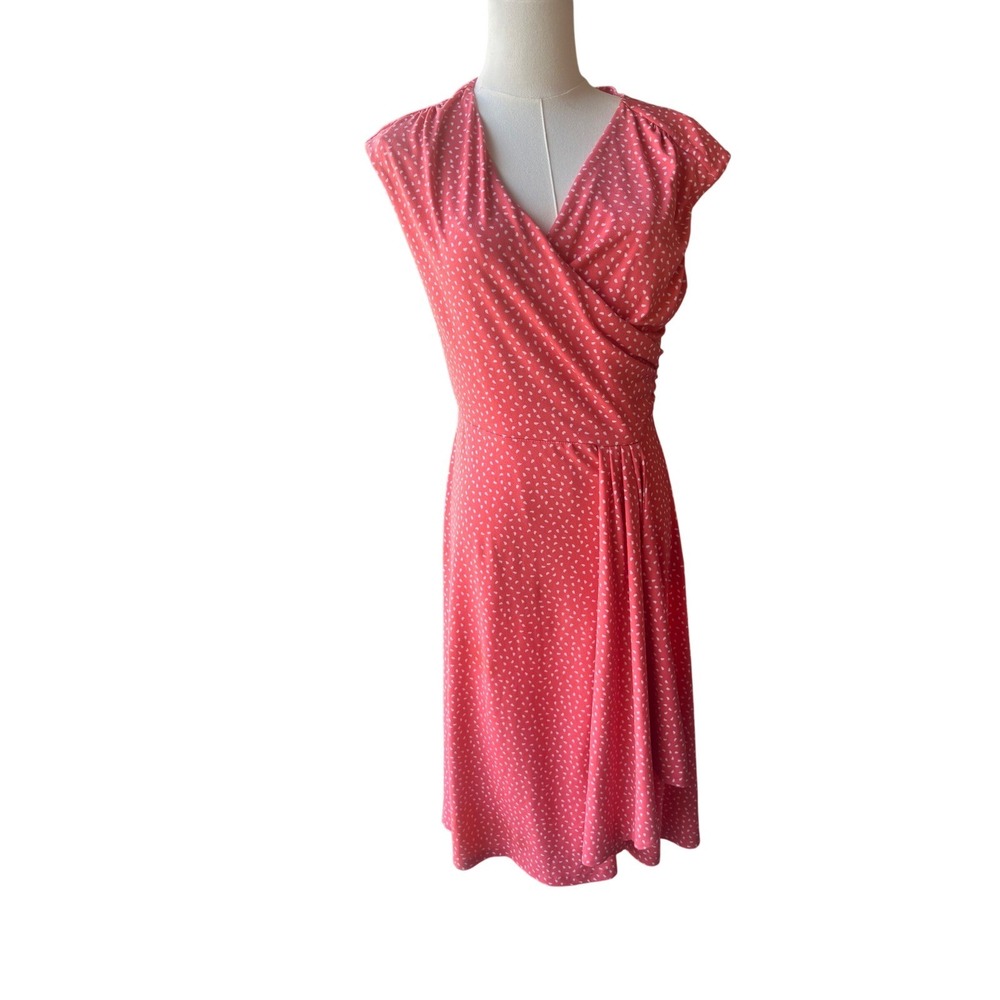 Charter Club Faux Wrap Dress Women's Small Coral Polka Dot Surplice Cap Sleeve